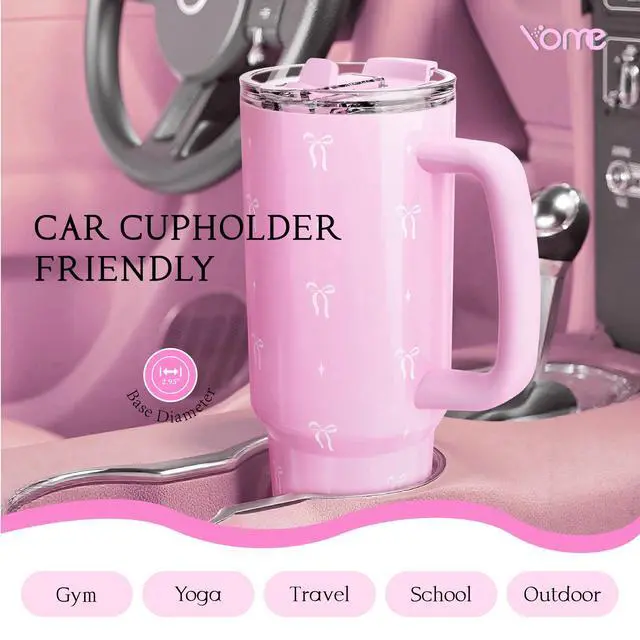 Alt view image 3 of 7 - 40 oz Bow Pink Tumbler with Handle and Flip Straw for Women | Stainless Steel Insulated Water Bottle | Keeps Drinks Cold | Dishwasher Safe | Cupholder Friendly | Gift Gym Travel Yoga