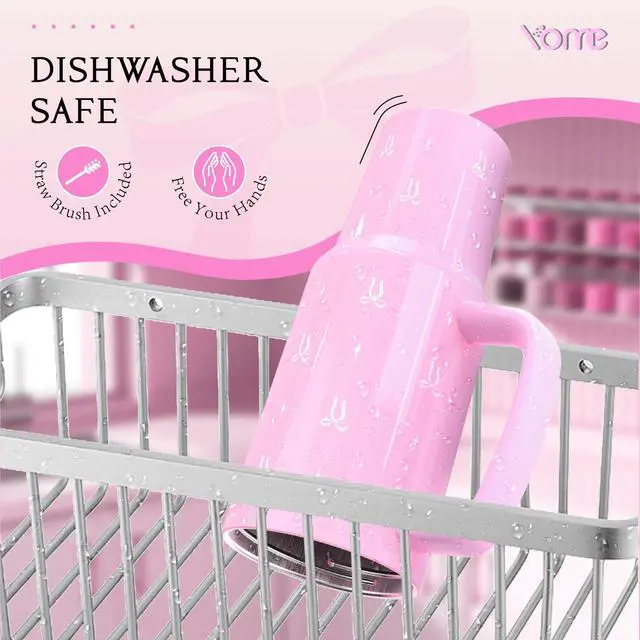 Alt view image 7 of 7 - 40 oz Bow Pink Tumbler with Handle and Flip Straw for Women | Stainless Steel Insulated Water Bottle | Keeps Drinks Cold | Dishwasher Safe | Cupholder Friendly | Gift Gym Travel Yoga