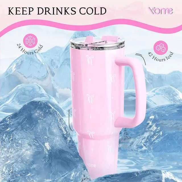 Alt view image 6 of 7 - 40 oz Bow Pink Tumbler with Handle and Flip Straw for Women | Stainless Steel Insulated Water Bottle | Keeps Drinks Cold | Dishwasher Safe | Cupholder Friendly | Gift Gym Travel Yoga