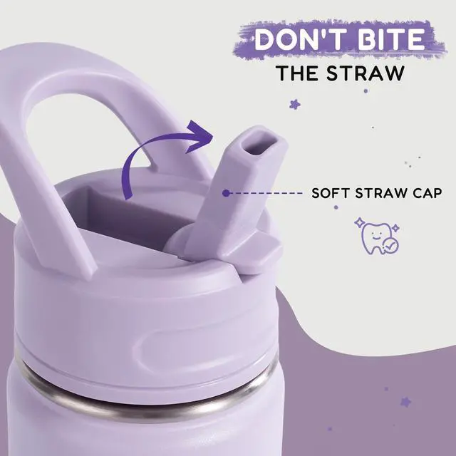 Alt view image 2 of 7 - 12oz Kids Water Bottle for School, Toddler Bottles with Straws, Stainless Steel Vacuum Insulated Water Bottle for Boys&Girls, Leak-Proof, BPA-Free, Purple