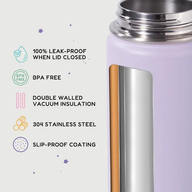 Alt view image 3 of 7 - 12oz Kids Water Bottle for School, Toddler Bottles with Straws, Stainless Steel Vacuum Insulated Water Bottle for Boys&Girls, Leak-Proof, BPA-Free, Purple