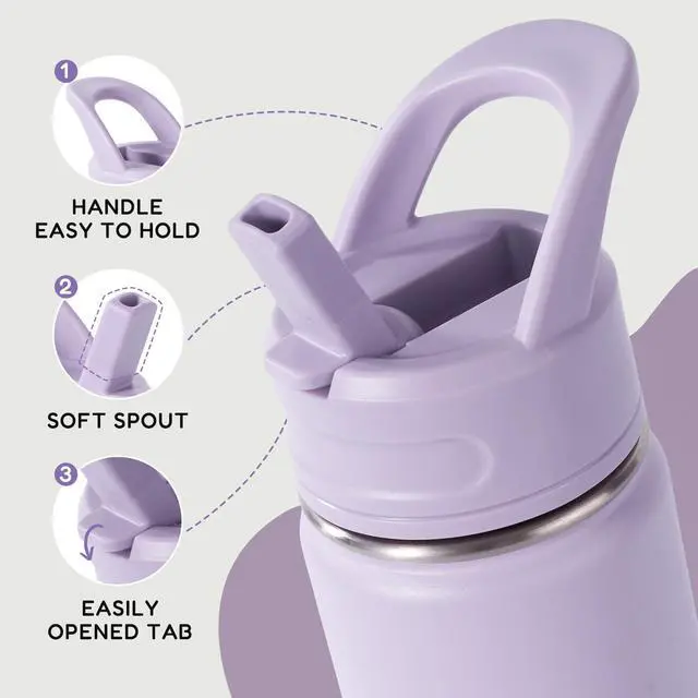 Alt view image 4 of 7 - 12oz Kids Water Bottle for School, Toddler Bottles with Straws, Stainless Steel Vacuum Insulated Water Bottle for Boys&Girls, Leak-Proof, BPA-Free, Purple