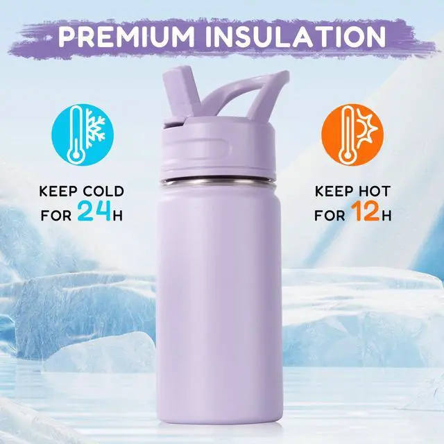 Alt view image 5 of 7 - 12oz Kids Water Bottle for School, Toddler Bottles with Straws, Stainless Steel Vacuum Insulated Water Bottle for Boys&Girls, Leak-Proof, BPA-Free, Purple