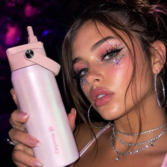 Alt view image 2 of 7 - 24 oz Insulated Water Bottle, Easy Slide Lid, Leak Proof, Keep Cold 24H, Fits in Car Cup Holder, Vacuum Insulated Tumbler, Metal Stainless Steel with Straw and Handle, Glimmer Pink
