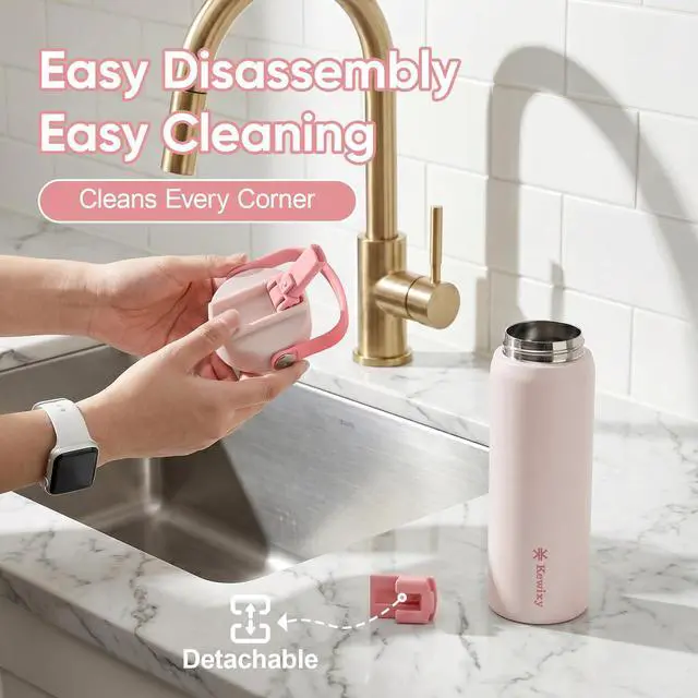 Alt view image 6 of 7 - 24 oz Insulated Water Bottle, Easy Slide Lid, Leak Proof, Keep Cold 24H, Fits in Car Cup Holder, Vacuum Insulated Tumbler, Metal Stainless Steel with Straw and Handle, Glimmer Pink