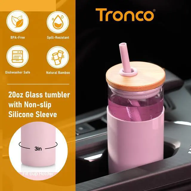 Alt view image 2 of 7 - 20 oz Glass Tumbler with Lids and Straws, Reusable Iced Coffee Cups | Borosilicate Glass Cups with Bamboo Lid, Silicone Sleeve, Dishwasher Safe, Cup Holder Friendly, BPA-Free, Iced Coffee Tumbler