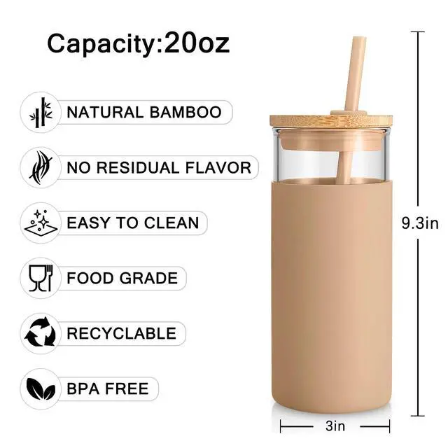 Alt view image 3 of 7 - 20 oz Glass Tumbler with Lids and Straws, Reusable Iced Coffee Cups | Borosilicate Glass Cups with Bamboo Lid, Silicone Sleeve, Dishwasher Safe, Cup Holder Friendly, BPA-Free, Iced Coffee Tumbler