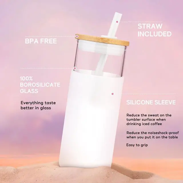 Alt view image 5 of 7 - 20 oz Glass Tumbler with Lids and Straws, Reusable Iced Coffee Cups | Borosilicate Glass Cups with Bamboo Lid, Silicone Sleeve, Dishwasher Safe, Cup Holder Friendly, BPA-Free, Iced Coffee Tumbler