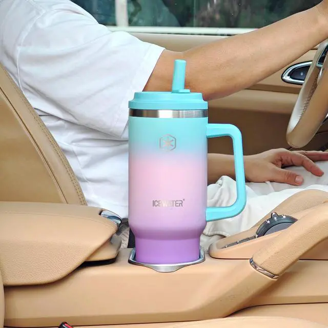 Alt view image 4 of 5 - 40 oz Tumbler with 2 Lids (Regular Straw and Flip Straw) | 100% Leak-proof Insulated Tumbler with Handle, Cup Holder Friendly, Stainless Steel Water Bottle, Secure Twist-Lock Straw