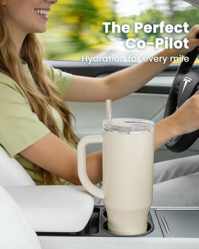 Alt view image 2 of 7 - Insulated Mug 100% Spill Resistant Insulated Water Bottle for Iced Coffee & Hot Drinks - Fits Car Cup Holder, Ideal Gift, 2 Straws & Silicone Boot - FlexSlide White 32 oz