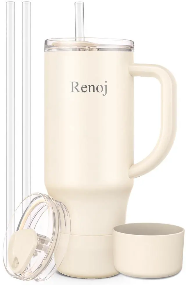 Main image of Insulated Mug 100% Spill Resistant Insulated Water Bottle for Iced Coffee & Hot Drinks - Fits Car Cup Holder, Ideal Gift, 2 Straws & Silicone Boot - FlexSlide White 32 oz