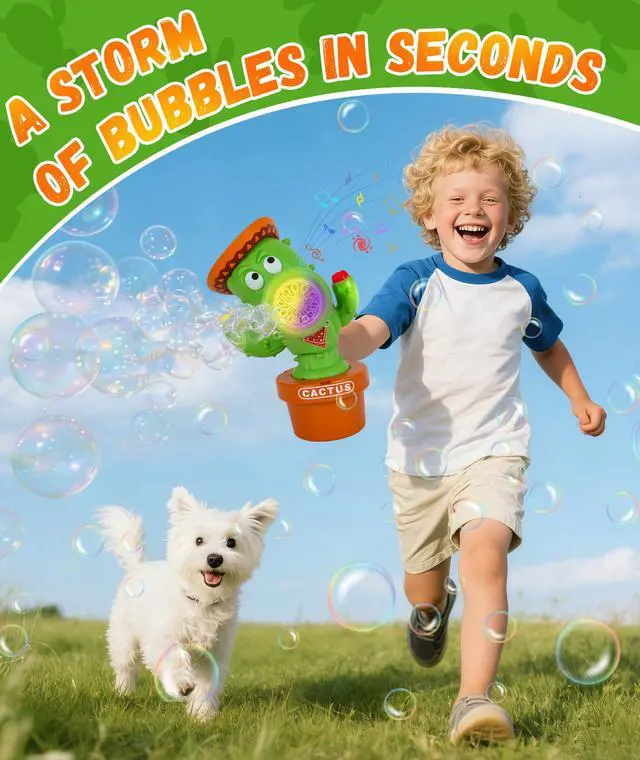 Alt view image 2 of 7 - Bubble Machine, Rechargeable Dancing Cactus Toy for Kids Ages 3+ | Automatic Bubble Blower with Music, Colorful Lights and Solution Included for Outdoor Summer Play, Parties and Birthday Gifts