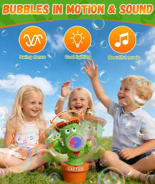 Alt view image 3 of 7 - Bubble Machine, Rechargeable Dancing Cactus Toy for Kids Ages 3+ | Automatic Bubble Blower with Music, Colorful Lights and Solution Included for Outdoor Summer Play, Parties and Birthday Gifts
