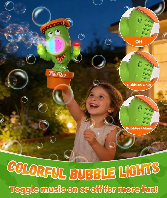 Alt view image 4 of 7 - Bubble Machine, Rechargeable Dancing Cactus Toy for Kids Ages 3+ | Automatic Bubble Blower with Music, Colorful Lights and Solution Included for Outdoor Summer Play, Parties and Birthday Gifts