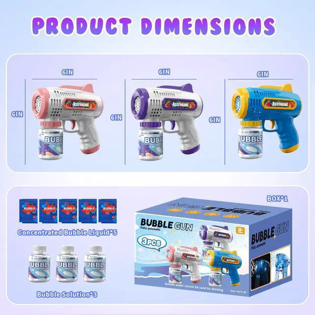Alt view image 7 of 7 - 3 Pack Bubble Guns with Refill Solution, Automatic Bubble Machine | Bubbles Maker for Boys Girls, Birthday Party and Weddings, Outdoor Toys for Kids, Gifts for Age 3 4 5 6 7 8 Year Old Kid
