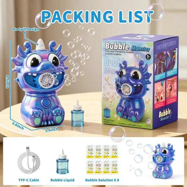 Alt view image 2 of 7 - Automatic Bubble Machine for Kids & Toddler, No Spill Bubbles Blower with Colorful Solution & Type-C Charge, Bubble Maker for Boy Girl Pet Indoor Outdoor Birthday Party Toy