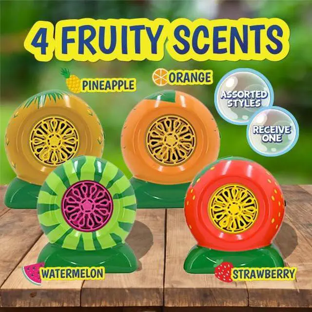 Alt view image 2 of 6 - Mini Fruit Bubble Blowers with 4oz Scented Bubble Solution Bubble Makers for Kids, Battery Operated Bubble Machines - Strawberry, Watermelon, Orange, Pineapple, Receive One Style at Random
