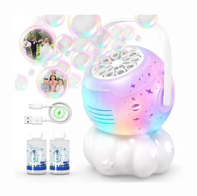 Main image of Rechargeable Bubble Machine for Kids with 9Colors Cycling LED, 600ml Tank | 35000+ Big Bubbles/Min, Integrated USB-C Charge, Outdoor Toys Gift Bubble Maker for Toddler 1-3, Birthday, Parties, Wedding