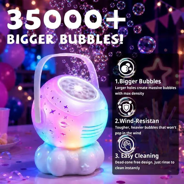 Alt view image 2 of 7 - Rechargeable Bubble Machine for Kids with 9Colors Cycling LED, 600ml Tank | 35000+ Big Bubbles/Min, Integrated USB-C Charge, Outdoor Toys Gift Bubble Maker for Toddler 1-3, Birthday, Parties, Wedding