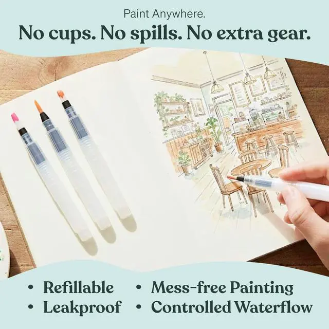 Alt view image 3 of 7 - Watercolor Brush Pens Set of 4 Refillable Water Pens for Artists | Leakproof brush tips for blending, calligraphy & adult coloring; portable paint brush set; art gift for adults & beginners