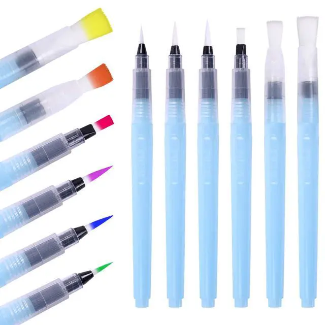 Main image of 6 Pcs Refillable Watercolor Brush Pens, 3 Point Tips, 3 Flat Tips | Water Color Brush Pen Set with Water Reservoir - Water Soluble Colored Pencil & Powdered Pigment Paint - Light Blue