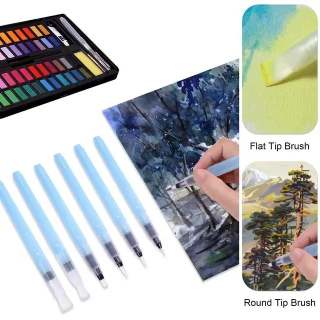 Alt view image 5 of 7 - 6 Pcs Refillable Watercolor Brush Pens, 3 Point Tips, 3 Flat Tips | Water Color Brush Pen Set with Water Reservoir - Water Soluble Colored Pencil & Powdered Pigment Paint - Light Blue