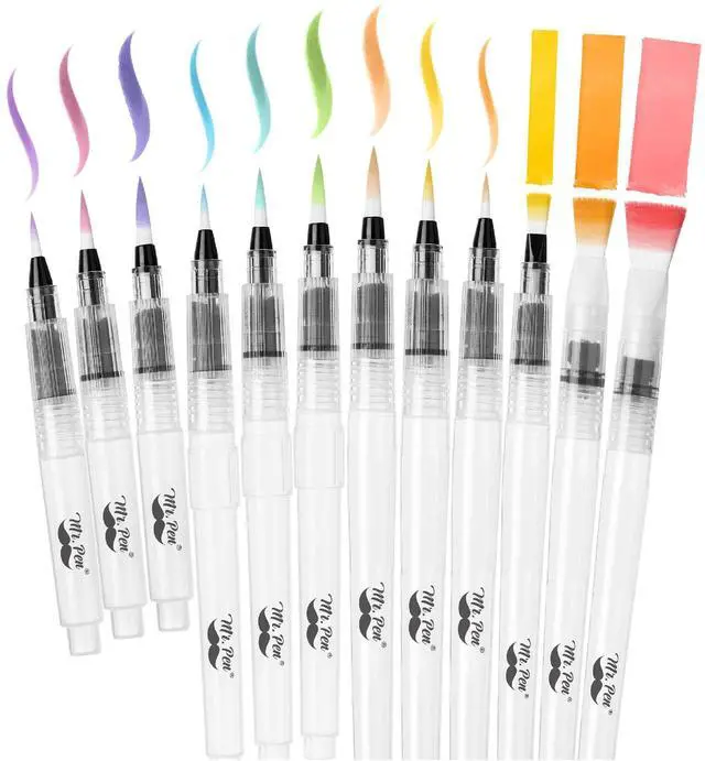 Main image of Watercolor Brush Pens, 12 pcs | 9 x Point Tips and 3 x Flat Tips Styles, Refillable Watercolor Pens for Acrylic, Gouache Painting, Crayons