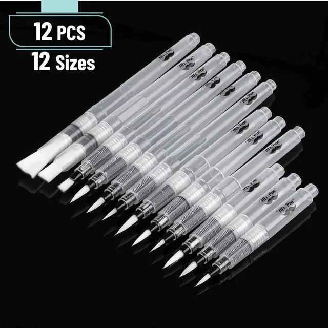 Alt view image 2 of 7 - Watercolor Brush Pens, 12 pcs | 9 x Point Tips and 3 x Flat Tips Styles, Refillable Watercolor Pens for Acrylic, Gouache Painting, Crayons