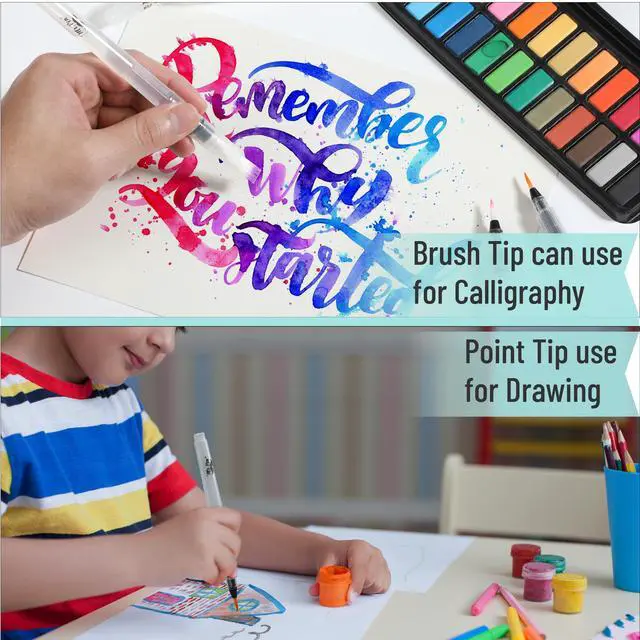 Alt view image 5 of 7 - Watercolor Brush Pens, 12 pcs | 9 x Point Tips and 3 x Flat Tips Styles, Refillable Watercolor Pens for Acrylic, Gouache Painting, Crayons