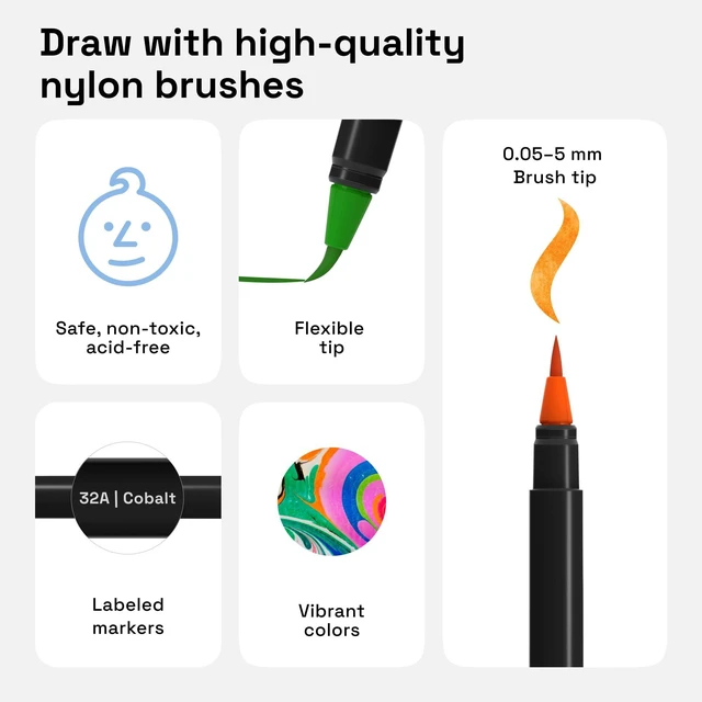 Alt view image 3 of 6 - 12 Watercolor Markers with Flexible Paint Brush Pens for Pros & Beginners - Consistent, Smooth, Bright, Washable, Non-Toxic, Ideal for Coloring, Calligraphy, & Manga