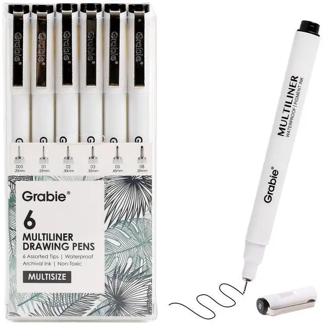Main image of Micro Fineliner Pens, 6 Black Waterproof Drawing Pens | Waterproof Pigment Ink, 6 Assorted Tip Sizes, Precision Fine Lines, Metal-Clad Nibs, Smooth Ink Flow, Smudge Resistant