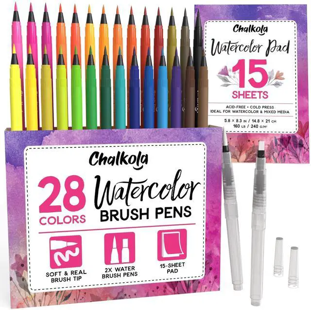 Main image of 28 Watercolor Brush Pens - Drawing Art Supplies for Kids 9-12 | Watercolor Markers - Lettering, Coloring, Calligraphy, 15 Painting Pad, 2 Water Color Markers - Adults, Professional Artist