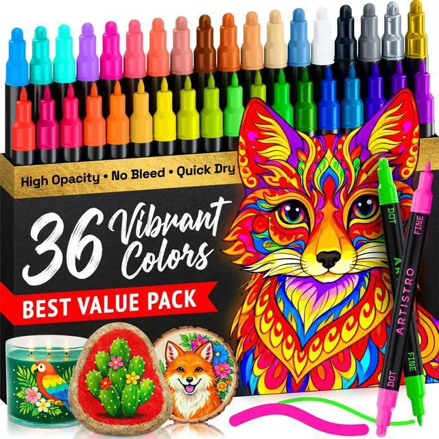 Main image of Dual-Tip Acrylic Paint Marker Pens - Set of 36 | For Fabric, Rock, Glass, Wood, Coloring Book, Arts & Crafts Gift, Pumpkin Decorating Kit & Halloween Crafts (Dot & Fine Tips)