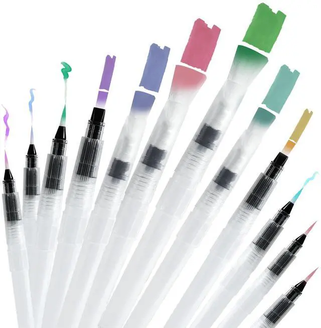 Main image of 12Pcs Watercolor Brush Pens, Leakproof, 6 Point Tips, 6 Flat Tips | Portable Water Brush Pens for Travel, Perfect for Aquarelle, Gouache, Acrylics, Refillable Paint Pens, Arts Value Set, Gift