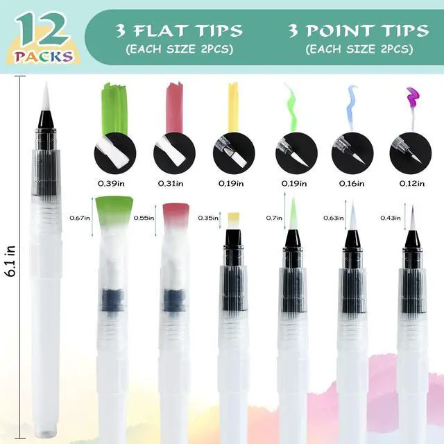 Alt view image 2 of 7 - 12Pcs Watercolor Brush Pens, Leakproof, 6 Point Tips, 6 Flat Tips | Portable Water Brush Pens for Travel, Perfect for Aquarelle, Gouache, Acrylics, Refillable Paint Pens, Arts Value Set, Gift