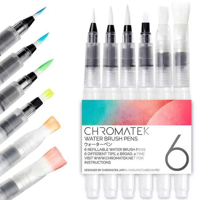 Main image of AquaPens. Set of 6 Refillable Aqua Watercolor Brushes with Nylon Tips. Easy Water Brush Pens for Painting. Blending & Calligraphy. Includes Online Video Tutorials & Templates