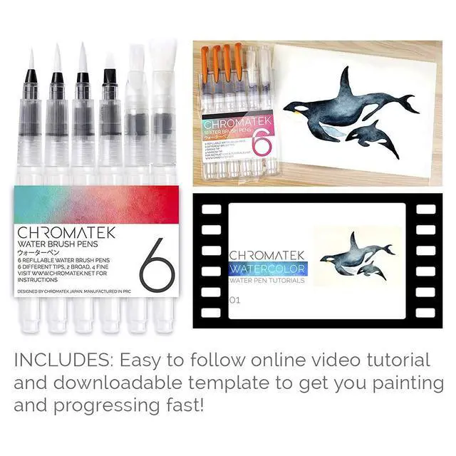 Alt view image 2 of 7 - AquaPens. Set of 6 Refillable Aqua Watercolor Brushes with Nylon Tips. Easy Water Brush Pens for Painting. Blending & Calligraphy. Includes Online Video Tutorials & Templates