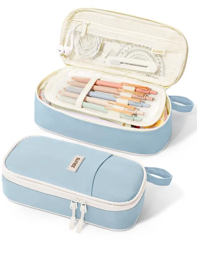 Main image of Cute Pencil Case, Aesthetic Pen Pouch, Colored Large Pencil Bag with Zipper, Kawaii Stationery Storage and Organizer, School Supplies for Teen and Adult Girls, Blue