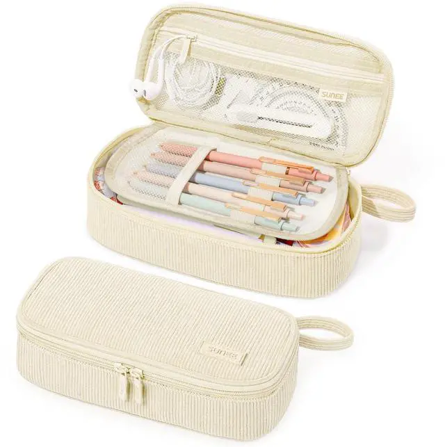 Main image of Cute Pencil Case, Soft Corduroy Large Capacity Pencil Pouch, Aesthetic Zipper Pencil Bag, Big Storage Pen Organizer for Stationery, Pencil Box Back to School Supplies for Teen Girls Boys, Beige