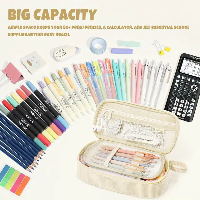 Alt view image 2 of 7 - Cute Pencil Case, Soft Corduroy Large Capacity Pencil Pouch, Aesthetic Zipper Pencil Bag, Big Storage Pen Organizer for Stationery, Pencil Box Back to School Supplies for Teen Girls Boys, Beige