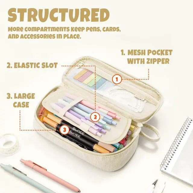 Alt view image 4 of 7 - Cute Pencil Case, Soft Corduroy Large Capacity Pencil Pouch, Aesthetic Zipper Pencil Bag, Big Storage Pen Organizer for Stationery, Pencil Box Back to School Supplies for Teen Girls Boys, Beige