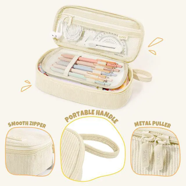 Alt view image 6 of 7 - Cute Pencil Case, Soft Corduroy Large Capacity Pencil Pouch, Aesthetic Zipper Pencil Bag, Big Storage Pen Organizer for Stationery, Pencil Box Back to School Supplies for Teen Girls Boys, Beige