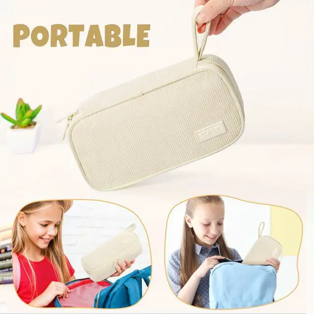 Alt view image 7 of 7 - Cute Pencil Case, Soft Corduroy Large Capacity Pencil Pouch, Aesthetic Zipper Pencil Bag, Big Storage Pen Organizer for Stationery, Pencil Box Back to School Supplies for Teen Girls Boys, Beige
