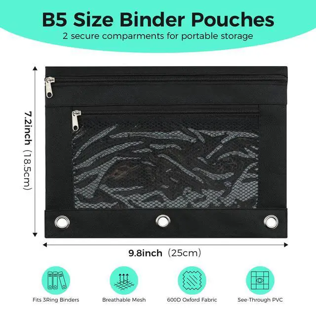 Alt view image 2 of 7 - Pencil Pouch for 3 Ring Binder, Pencil Case with Zipper, 600D Fabric Pencil Pouch Bag Holder Accessories, Clear Window Pencil Case Aesthetic Back to School Organizer Pockets for Boy Girl (Black)