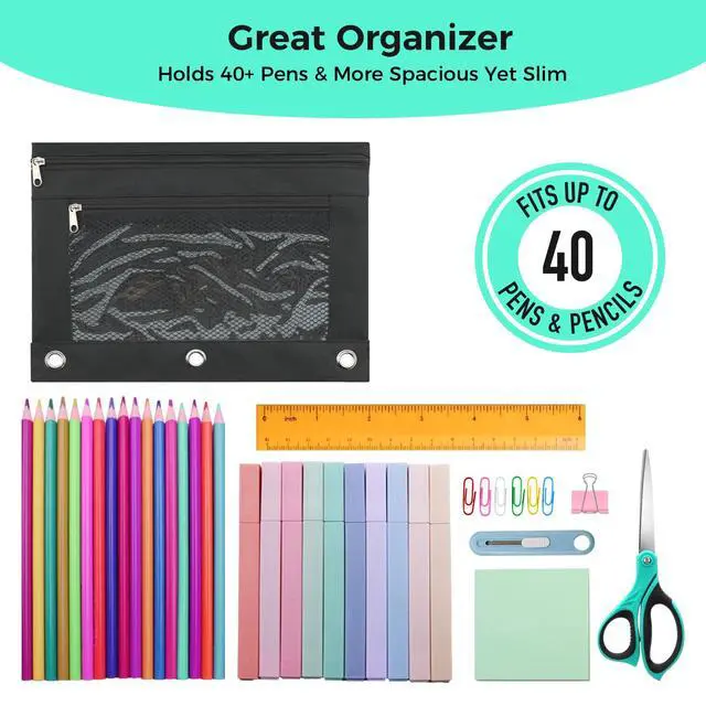 Alt view image 3 of 7 - Pencil Pouch for 3 Ring Binder, Pencil Case with Zipper, 600D Fabric Pencil Pouch Bag Holder Accessories, Clear Window Pencil Case Aesthetic Back to School Organizer Pockets for Boy Girl (Black)