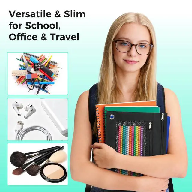Alt view image 4 of 7 - Pencil Pouch for 3 Ring Binder, Pencil Case with Zipper, 600D Fabric Pencil Pouch Bag Holder Accessories, Clear Window Pencil Case Aesthetic Back to School Organizer Pockets for Boy Girl (Black)