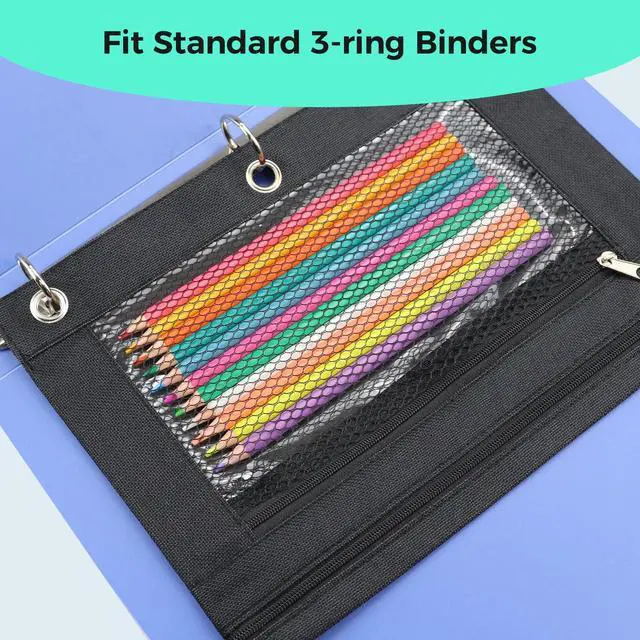 Alt view image 6 of 7 - Pencil Pouch for 3 Ring Binder, Pencil Case with Zipper, 600D Fabric Pencil Pouch Bag Holder Accessories, Clear Window Pencil Case Aesthetic Back to School Organizer Pockets for Boy Girl (Black)