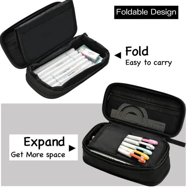Alt view image 3 of 7 - Foldable Pencil Case Pouch Bag for Boys Teens Big Capacity Box,Black | Expandable,Cute,Durable Zipper,Lightweight,Aesthetic,Back to School Supplies Gift for Kids Students College Adults Preppy