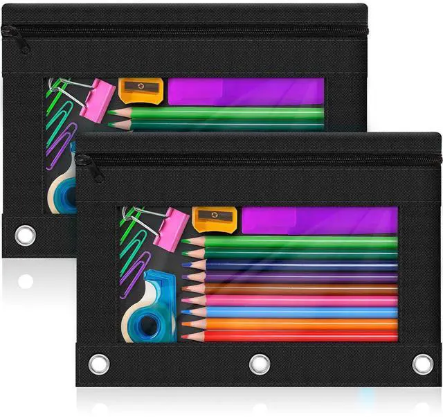 Main image of 3-Ring Pencil Pouch, 2 Pack Black Bulk Pencil Case, Pencil Bags with Zipper for Office Supplies Cosmetics, with Zipper & Reinforced Grommets Fabric Large Pencil Case for 3 Hole Binder