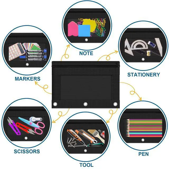 Alt view image 7 of 7 - 3-Ring Pencil Pouch, 2 Pack Black Bulk Pencil Case, Pencil Bags with Zipper for Office Supplies Cosmetics, with Zipper & Reinforced Grommets Fabric Large Pencil Case for 3 Hole Binder